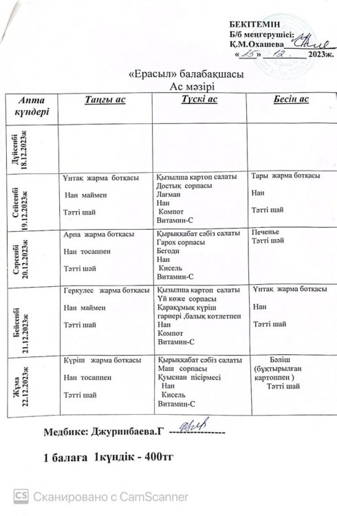Желтоқсан айының ІІІ-аптасының ас мәзірі