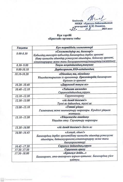 "Еркетай"орта тобының күн тәртібі