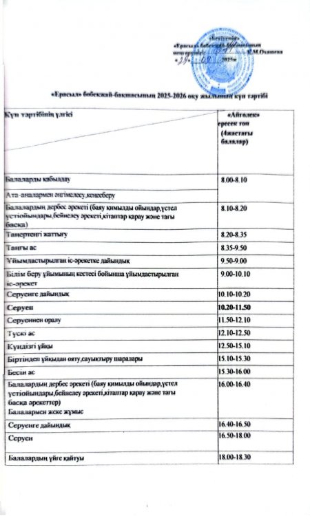 Айгөлек  ересек тобының күн тәртібі