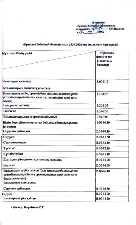 "Еркетай" орта тобының күн тәртібі