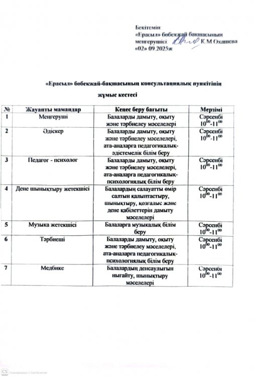Консультациялық пунктінің жұмыс кестесі
